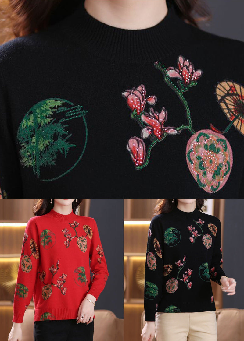 Red Print Cozy Wool Knit Top O-neck Long Sleeve