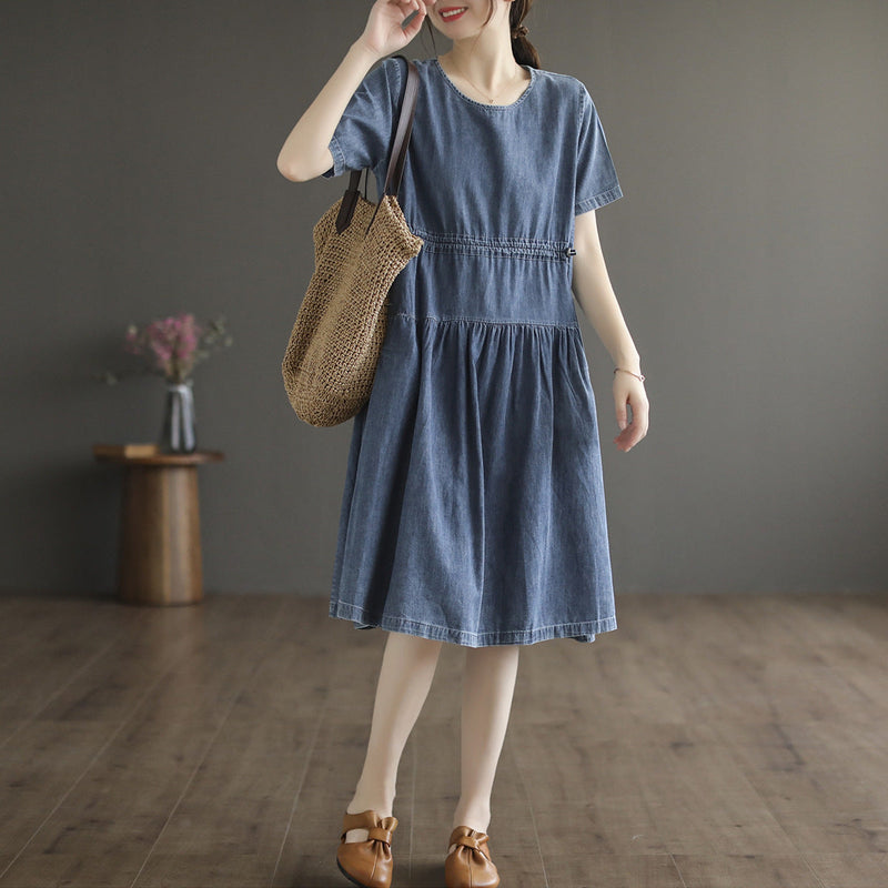 Literary Tencel Denim Mid Length Short Sleeve Dress