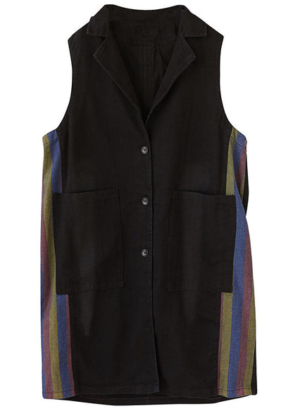 Black Peterpan Collar Button Pockets Patchwork Fall Sleeveless Waistcoat