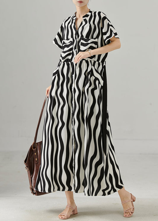 Black Tie Waist Striped Chiffon Work Dress Summer