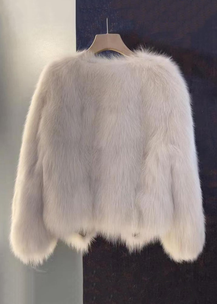 Coffee Button Leather and Fur Coat Long Sleeve