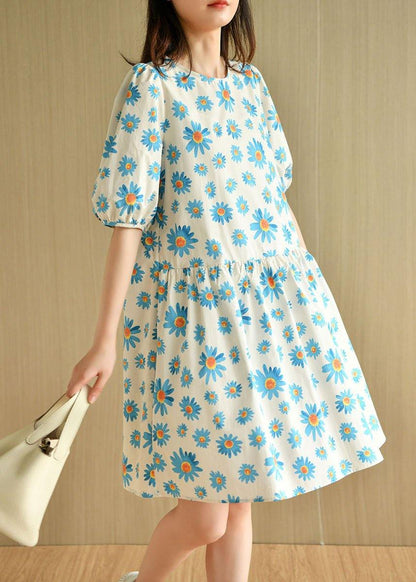 Blue O-neck Print Summer Cotton Half Sleeve Dresses
