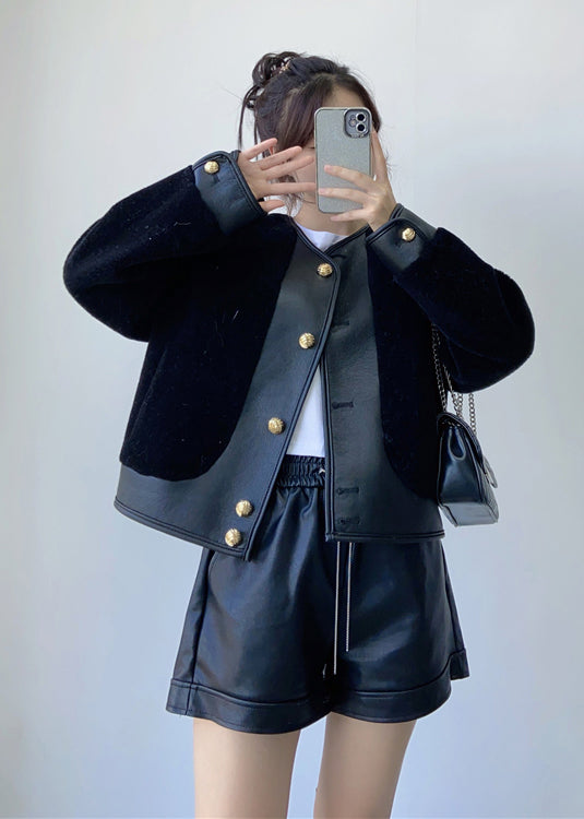 Black Button Patchwork Leather and Fur Coats V Neck Winter