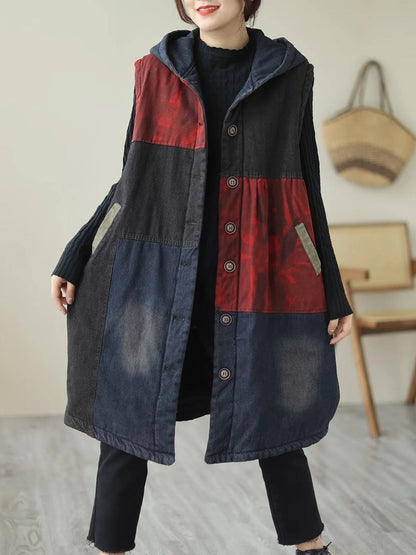 Winter Colorblock Hooded Mid Length Waist Coat