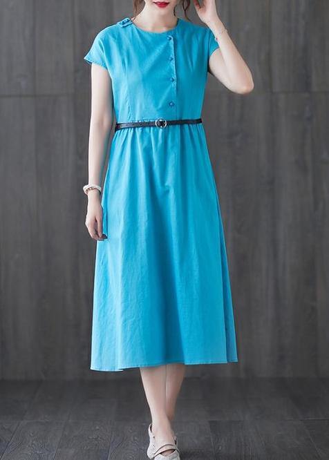 100% Blue Linen Dresses O Neck Patchwork Love Summer Dresses
