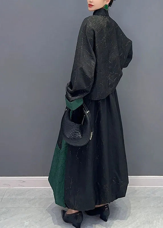 Black Patchwork Green Button Shirts and a Line Skirts Two Piece Set Fall