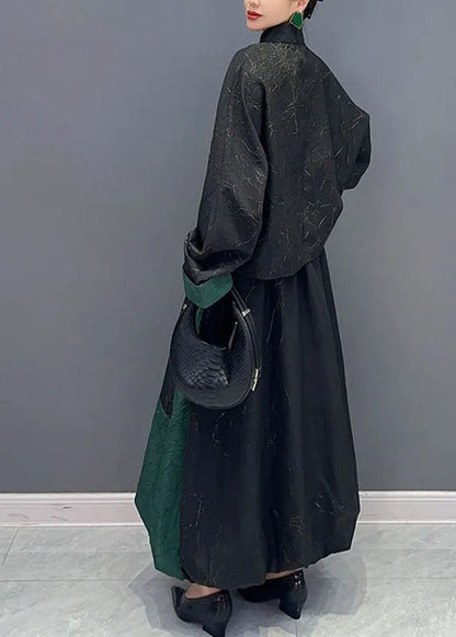 Black Patchwork Green Button Shirts and a Line Skirts Two Piece Set Fall