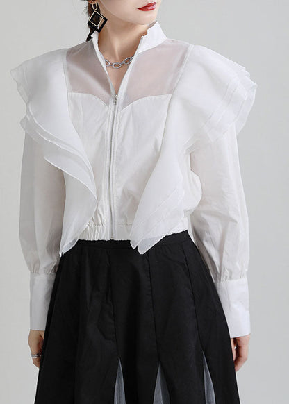 White Zip Up Patchwork Ruffled Cotton Shirt Top Fall