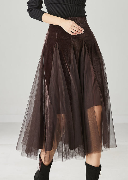 Brown Exra Large Hem Patchwork Tulle Silk Velvet Skirts Spring