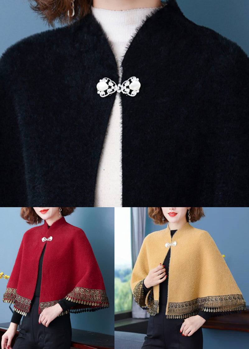 Yellow Stand Collar Tasseled Pockets Patchwork Mink Velvet Coats Fall