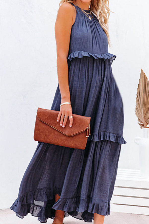 Blue Vittoria Shirred Ruffle Tiered Maxi Halter Dress