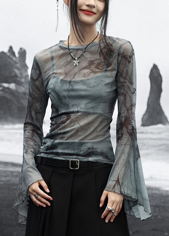 Slim Fit Grey O-neck Print Tulle Tops Flare Sleeve