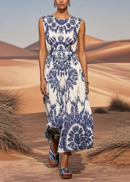 Classy Blue Print Cotton Long Dress Cinched Summer