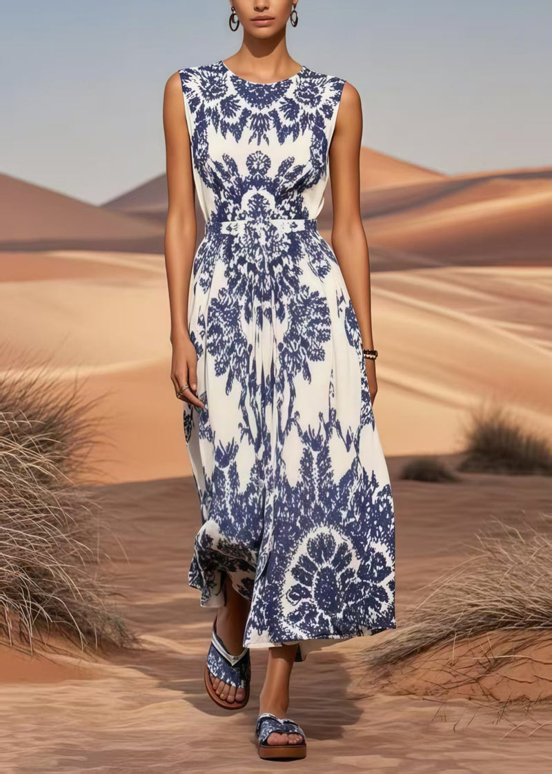 Classy Blue Print Cotton Long Dress Cinched Summer