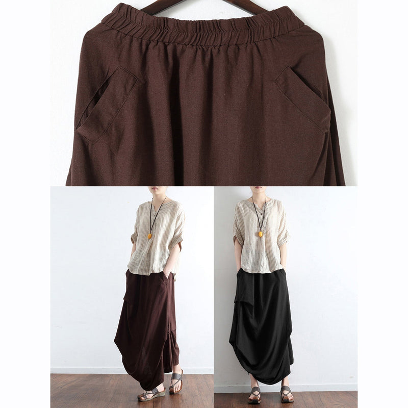 White Flowers and Birds Oversized Linen Skirts Asymmetrical Design Elastic Waist Long Skirt