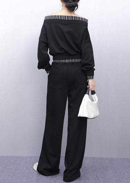 Black Slash Neck Top and Wide Leg Pants Two Pieces Set Fall