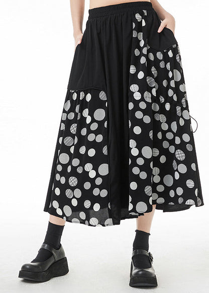Style Black Asymmetrical Drawstring Pockets Dot Print a Line Skirt Summer