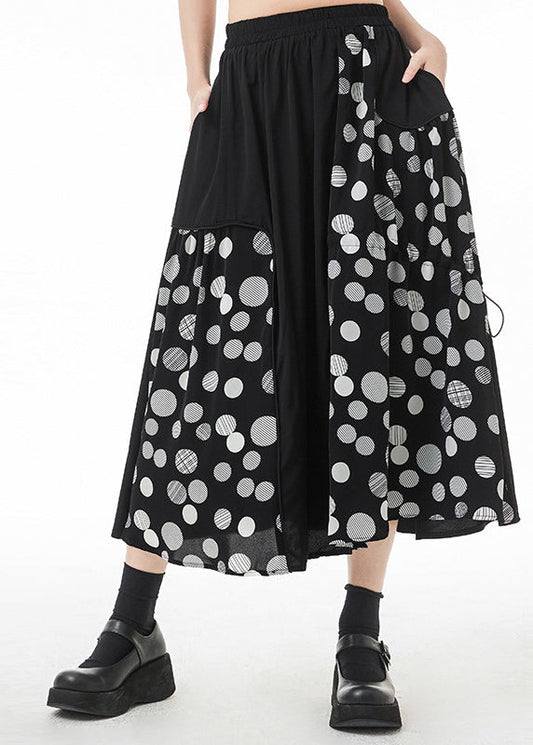 Style Black Asymmetrical Drawstring Pockets Dot Print a Line Skirt Summer