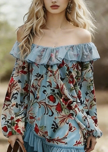 Blue Slash Neck Print Wrinkled Patchwork Mid Dress Spring