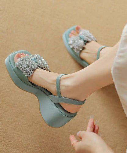 Zircon Bow Splicing Wedge Sandals Blue Cowhide Leather