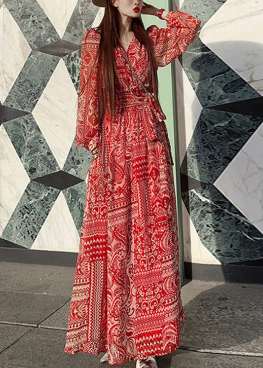 Red Print Tie Waist Vacation Long Dresses Spring