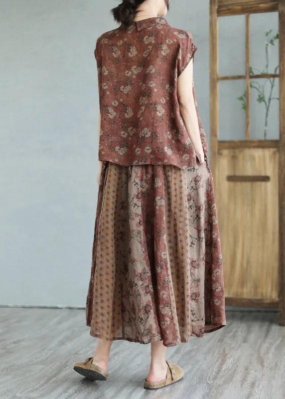 Handmade Peter Pan Collar Print Linen Shirts and Maxi Skirts Two Pieces Set Summer