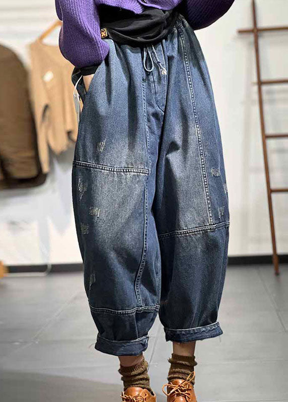 Blue Elastic Waist Patchwork Drawstring Cotton Denim Pants Fall
