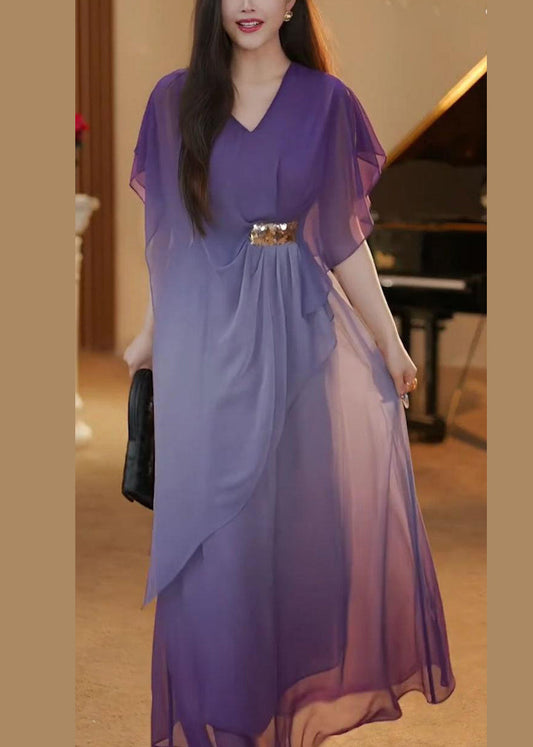 Gradient Color Asymmetrical High Waist Chiffon Long Dress Summer