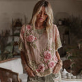 Women's Vintage Floral Art Linen Crew Neck Comfy T-shirt elevenforest