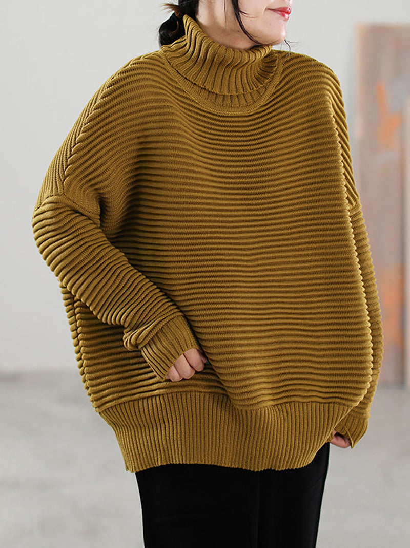 Highneck Color Knitted Loose Long Sleeve Sweater