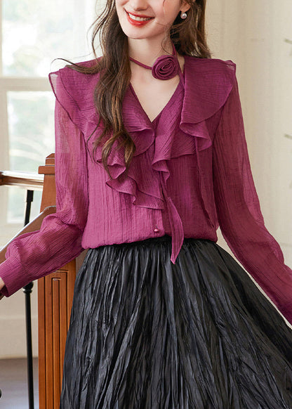 Purple V Neck Ruffled Patchwork Removable Shirts Fall