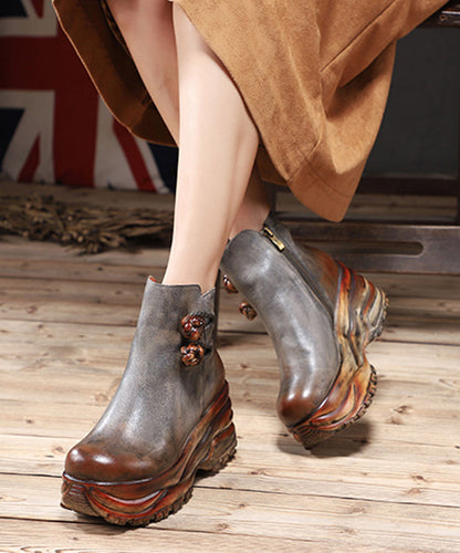Grey Cowhide Hollow Out Splicing Zipper Leather Boots