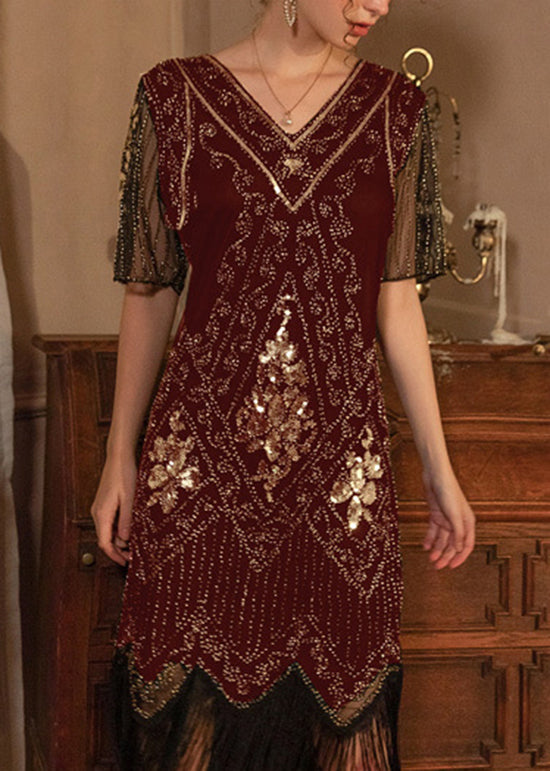 Stylish Mulberry V Neck Tasseled Sequins Long Dress Summer
