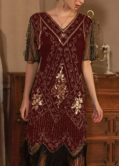 Stylish Mulberry V Neck Tasseled Sequins Long Dress Summer