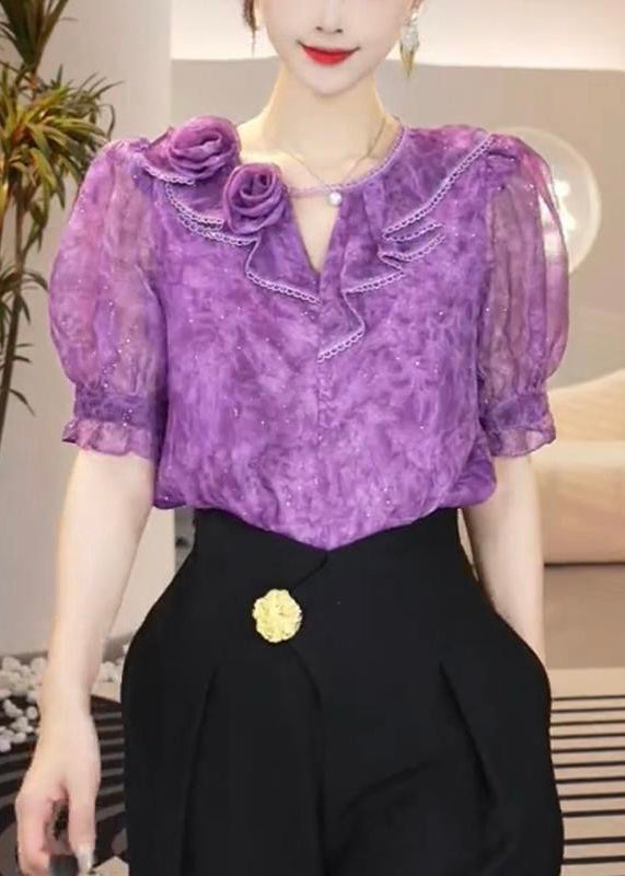 Fitted Purple O Neck Patchwork Chiffon Top Summer