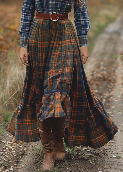 Pastoral Style Plaid Patchwork Cotton Dresses Long Sleeve