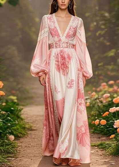 Pink V Neck Print Silk Long Dresses Lantern Sleeve