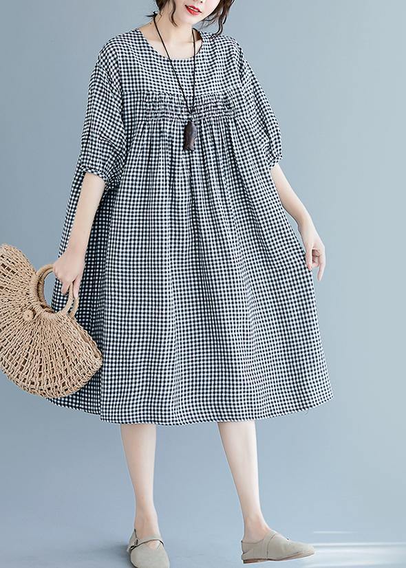 French O Neck Lantern Sleeve Clothes for Pattern Black Plaid Dresses Summer