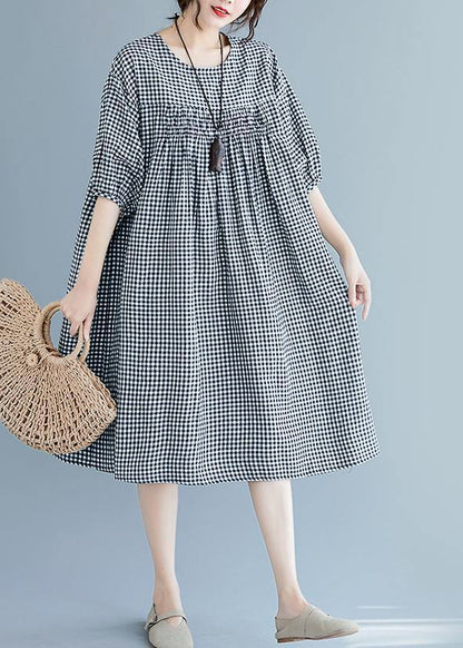 French O Neck Lantern Sleeve Clothes for Pattern Black Plaid Dresses Summer