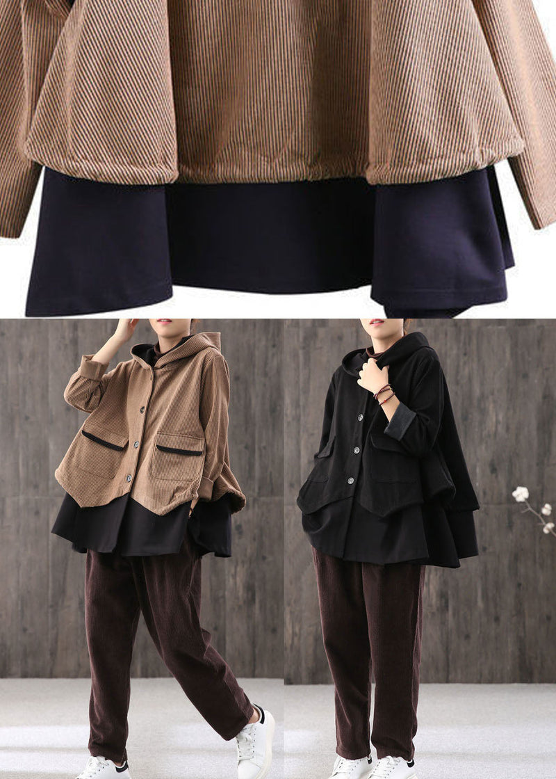Handmade Black Drawstring Patchwork Striped Coat Fall