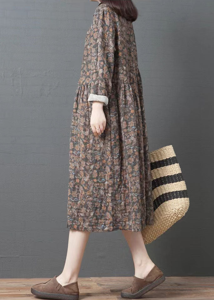 Organic Lapel Pockets Cotton Clothes Coffee Print Art Dresses