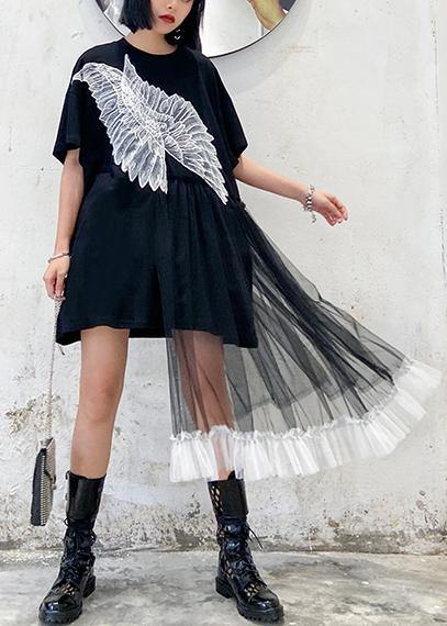 Style Black Dresses O Neck Patchwork Tulle Midi Dresses