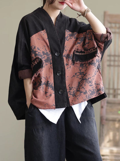 Spring Artsy Spliced Tie-dye Button Denim Coat