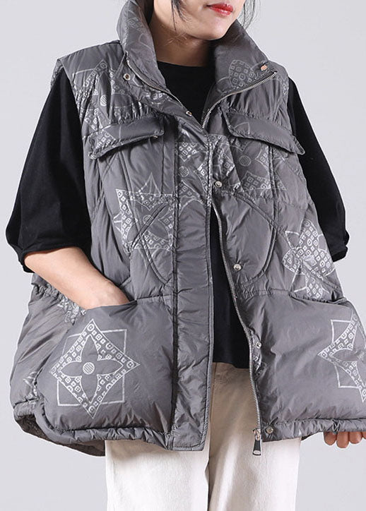 Grey Zippered Pockets Print Winter Duck Down Sleeveless Down Vest