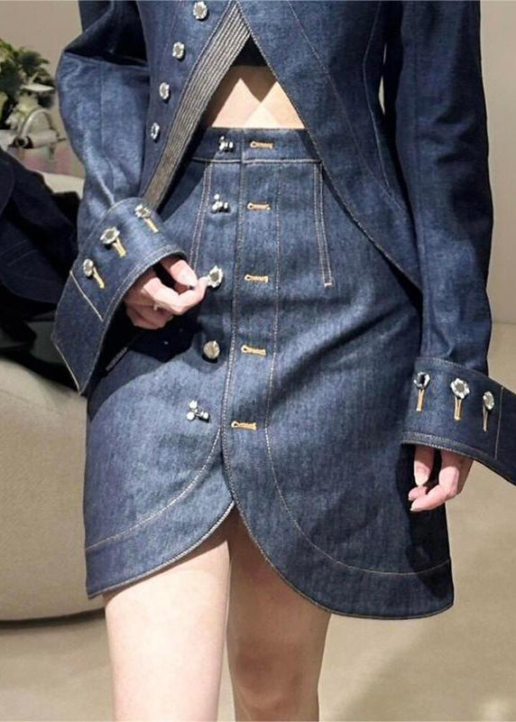 Blue Turtleneck Asymmetrical Patchwork Denim Coats and Skirts Two Pieces Set Spring