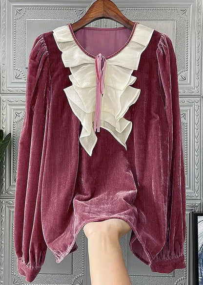 Loose Camel Ruffled Lace Up Patchwork Silk Velour Top Fall
