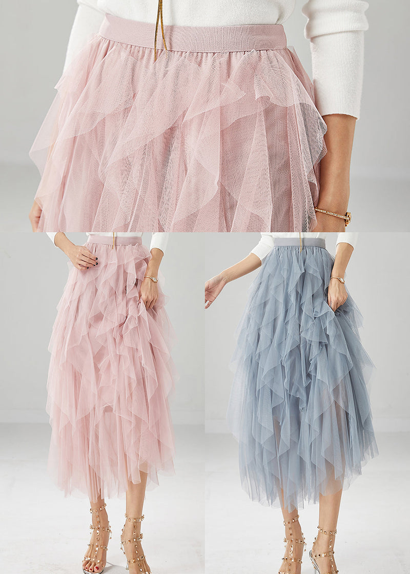 Pink High Waist Ruffles Tulle Skirt Summer