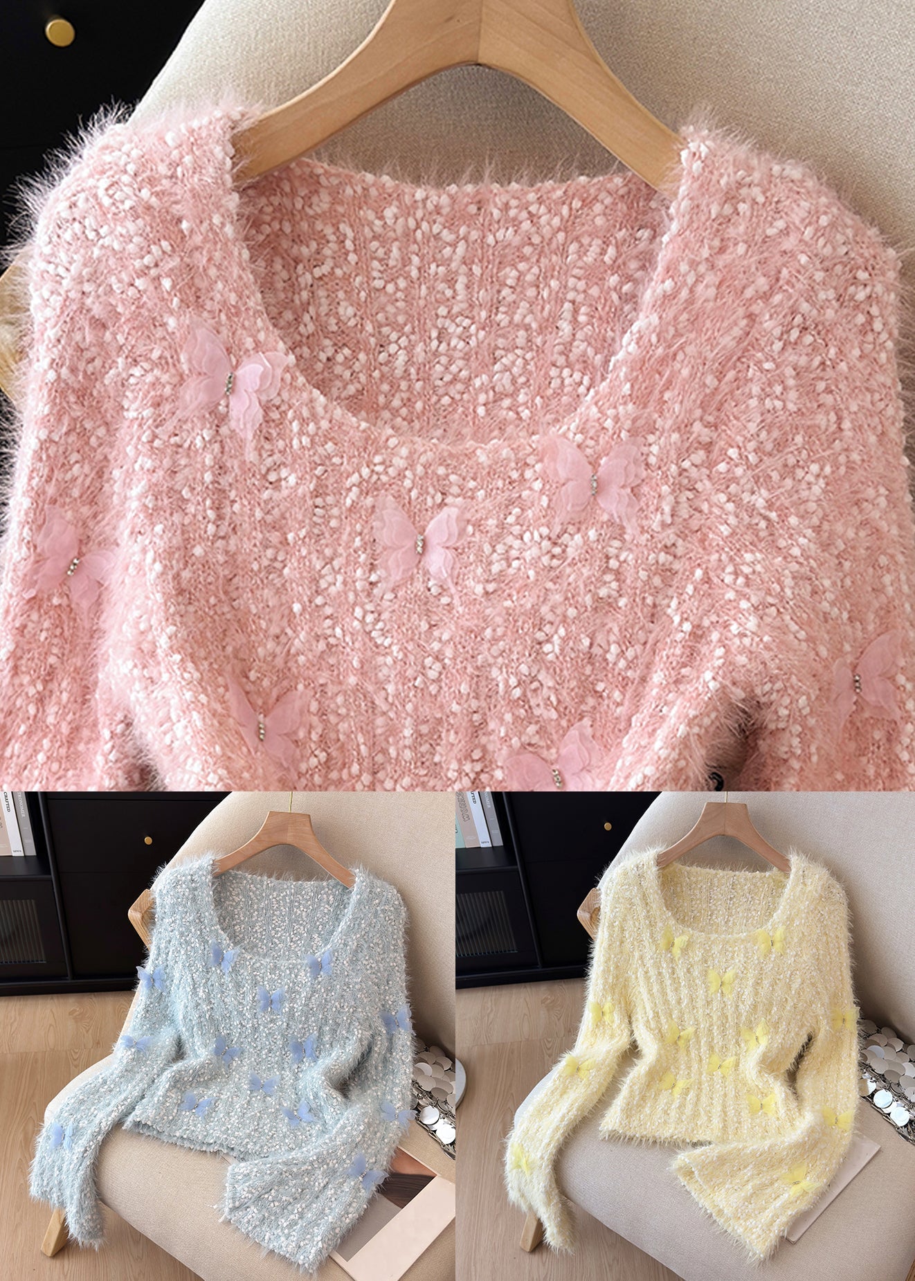 Slim Fit Pink Original Design Cozy Knit Sweater Flare Sleeve