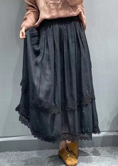 Red Elastic Waist Lace Patchwork Linen Pleated Skirt Summer