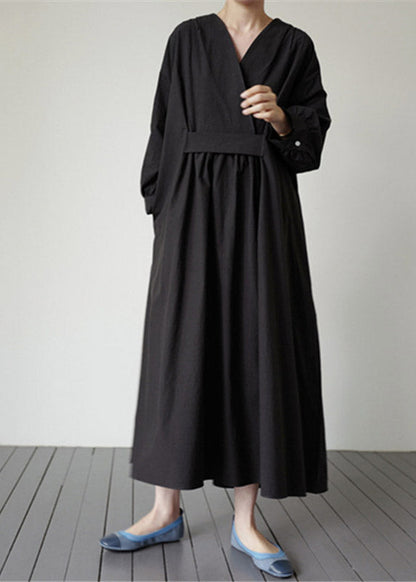 Black V Neck Pockets Cotton Dresses Long Sleeve